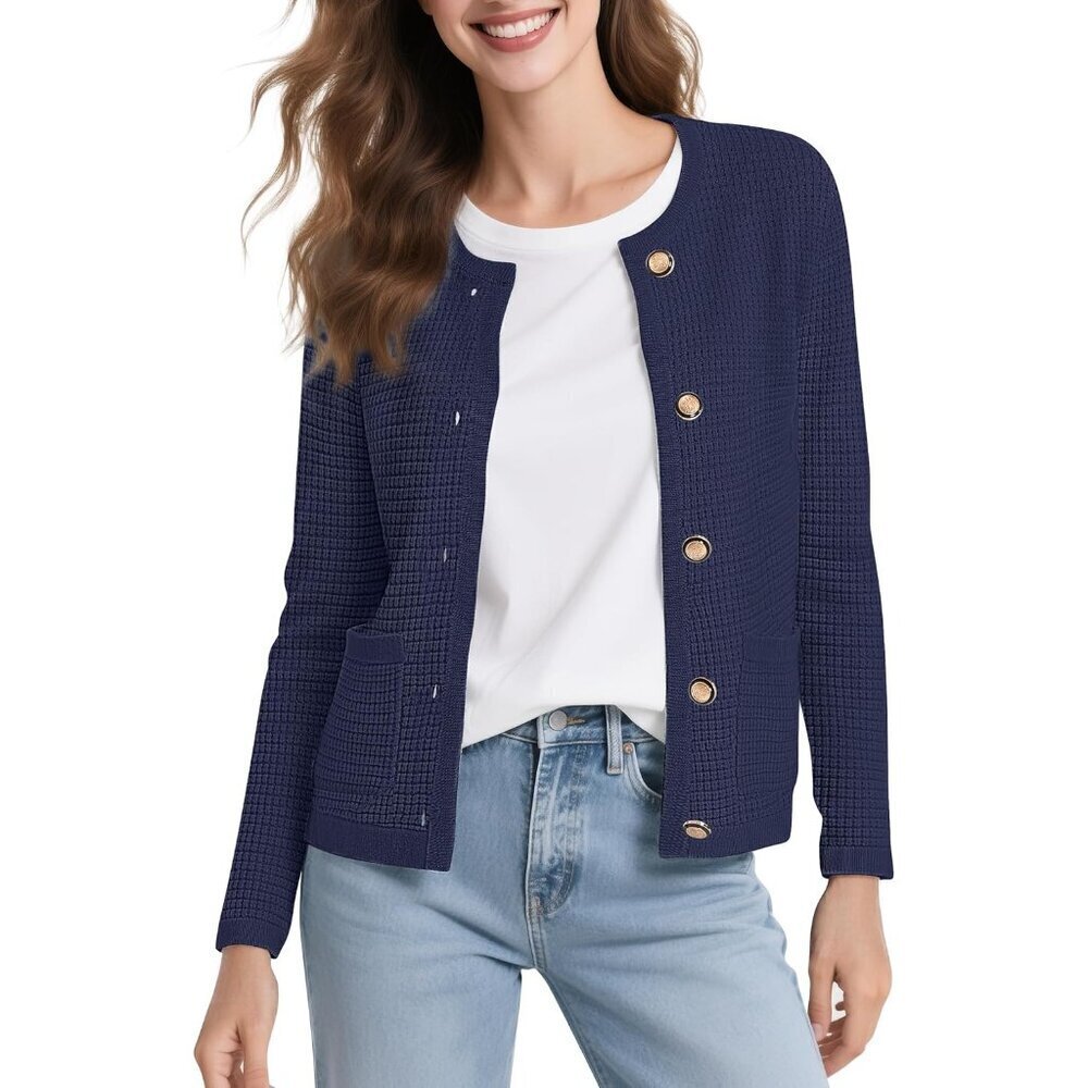 Women's Cropped Cardigan Sweater Knit Large V-Neck Button Crewneck